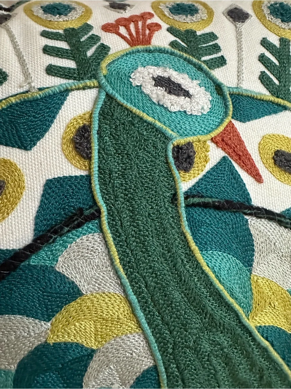 NWT Pier 1 Embroidered Peacock Throw Pillow Boho Decor Teal Green Yellow Accent